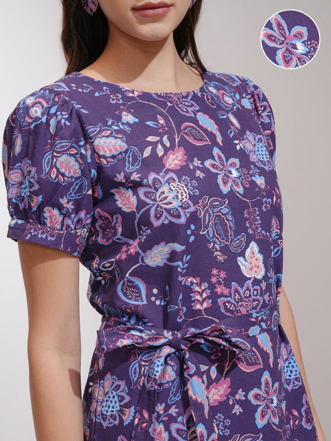 Tokyo Talkies Women Purple Printed A-Line Dress - Purple - Image 5