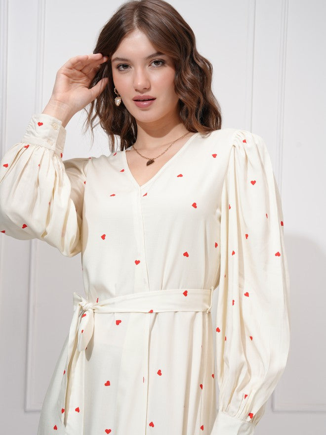 Tokyo Talkies Women Off White Printed A-Line Dress - Off White - Image 1