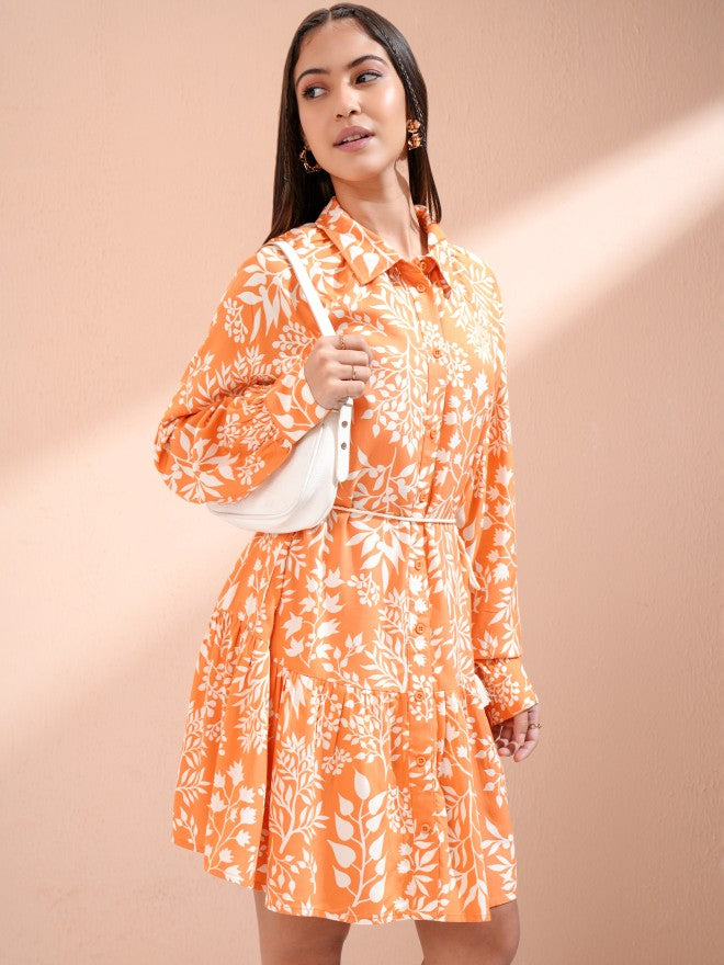 Tokyo Talkies Women Peach Printed A-Line Dress - Peach - Image 6