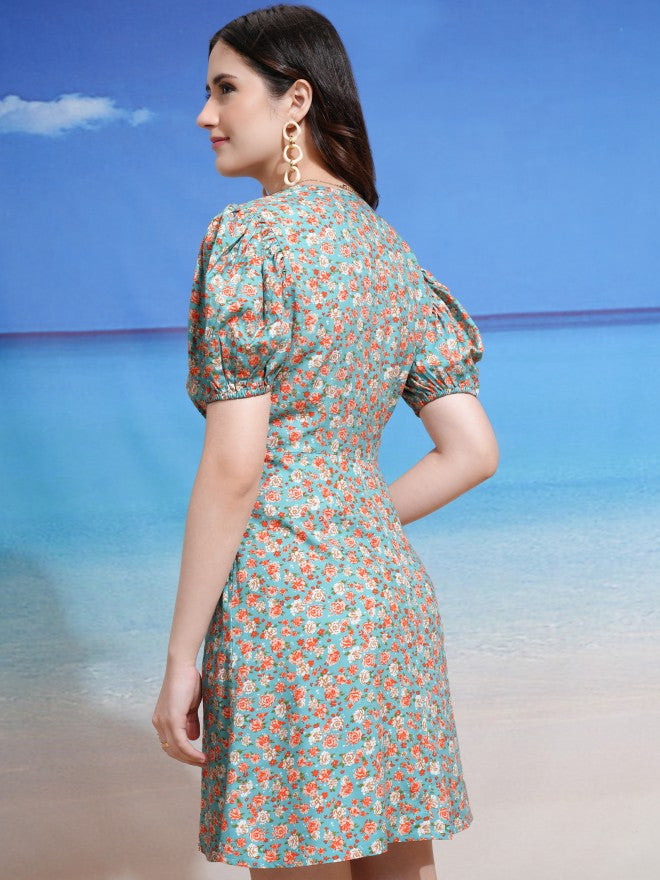 Tokyo Talkies Women Blue Printed Fit and Flare Dress - Blue - Image 3