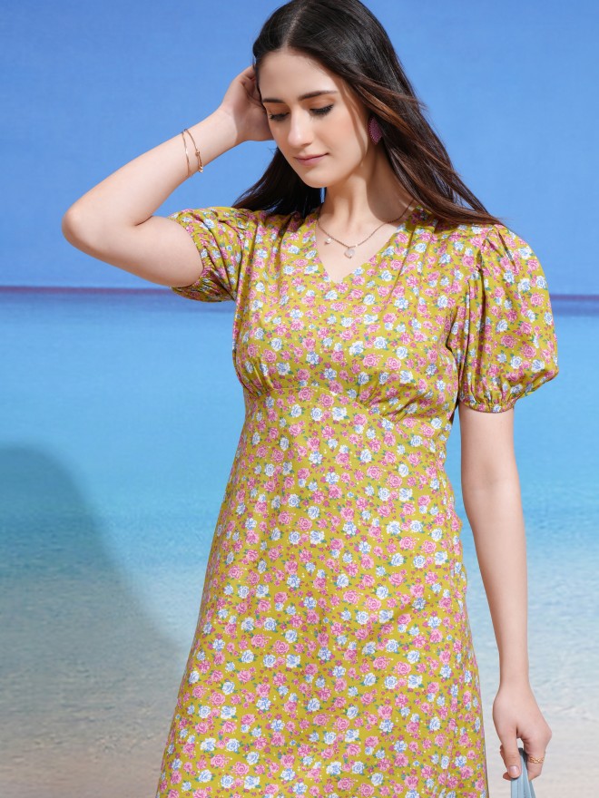 Tokyo Talkies Women Yellow Printed Fit and Flare Dress - Yellow - Image 1