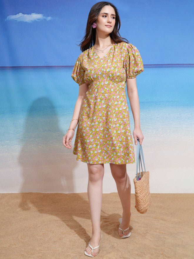 Tokyo Talkies Women Yellow Printed Fit and Flare Dress - Yellow - Image 2