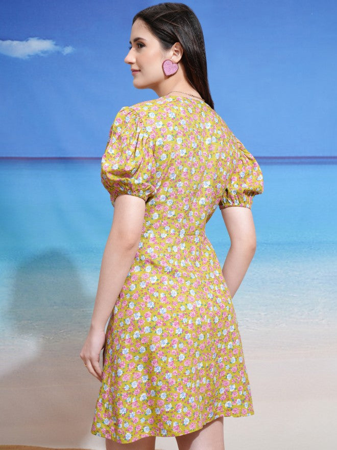 Tokyo Talkies Women Yellow Printed Fit and Flare Dress - Yellow - Image 3