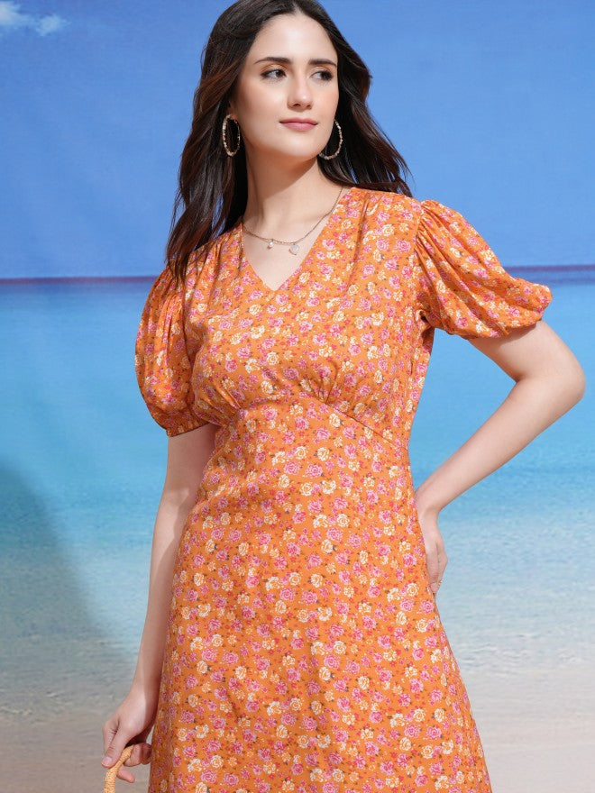 Tokyo Talkies Women Peach Printed Fit and Flare Dress - Peach - Image 1