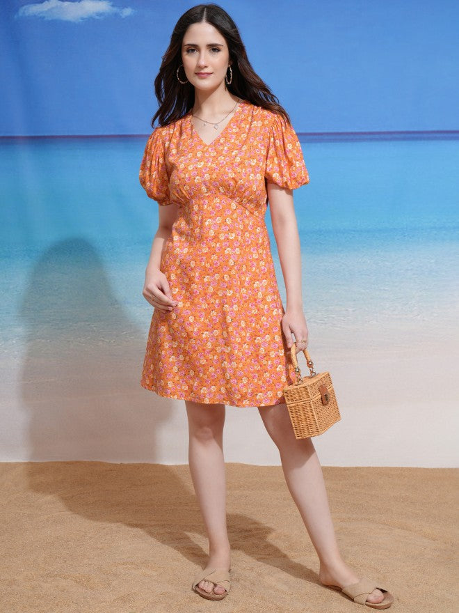 Tokyo Talkies Women Peach Printed Fit and Flare Dress - Peach - Image 2