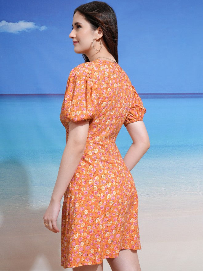 Tokyo Talkies Women Peach Printed Fit and Flare Dress - Peach - Image 3