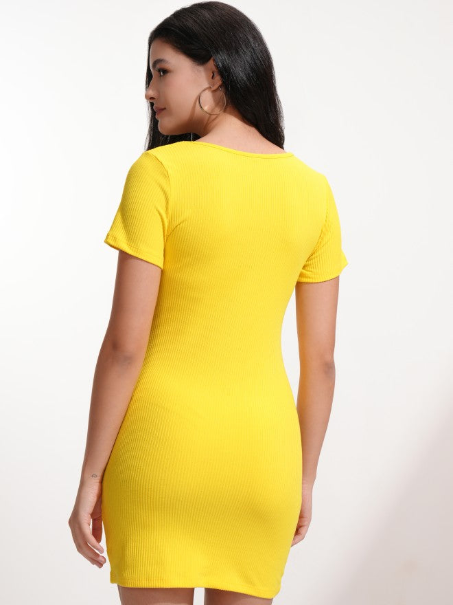 Tokyo Talkies Women Yellow Solid Bodycon Dress - Yellow - Image 3