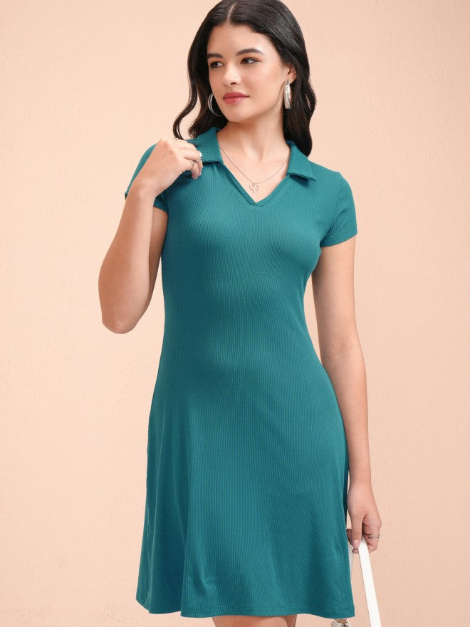 Tokyo Talkies Women Teal Solid Fit and Flare Dress - Teal - Image 1