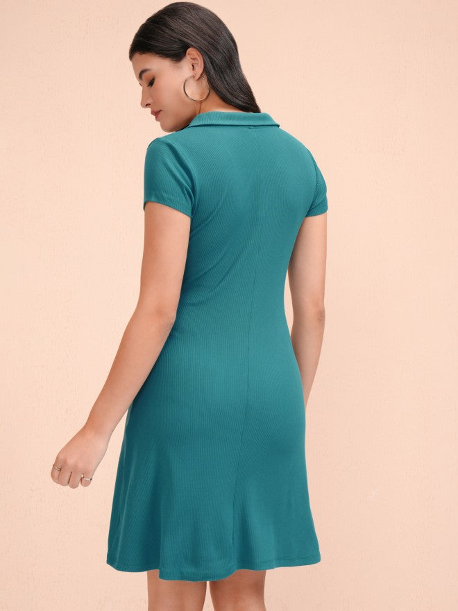 Tokyo Talkies Women Teal Solid Fit and Flare Dress - Teal - Image 3