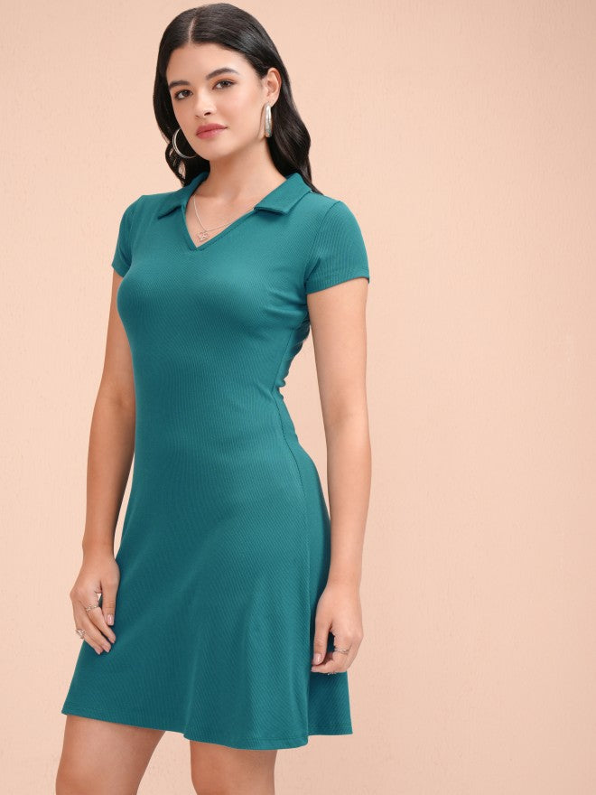 Tokyo Talkies Women Teal Solid Fit and Flare Dress - Teal - Image 4
