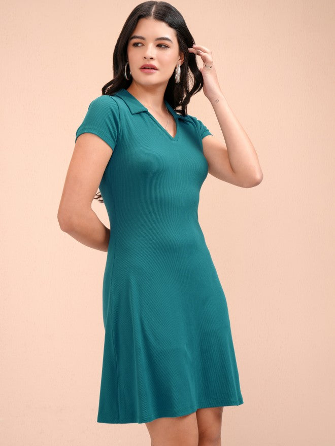 Tokyo Talkies Women Teal Solid Fit and Flare Dress - Teal - Image 6