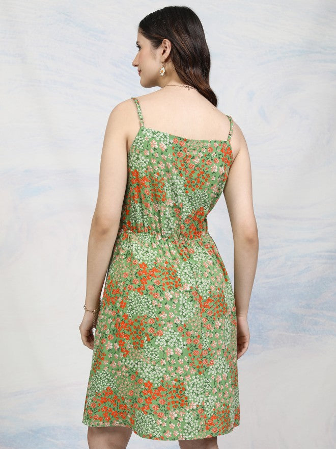 Tokyo Talkies Women Olive Printed Fit And Flare Dress - Olive - Image 3