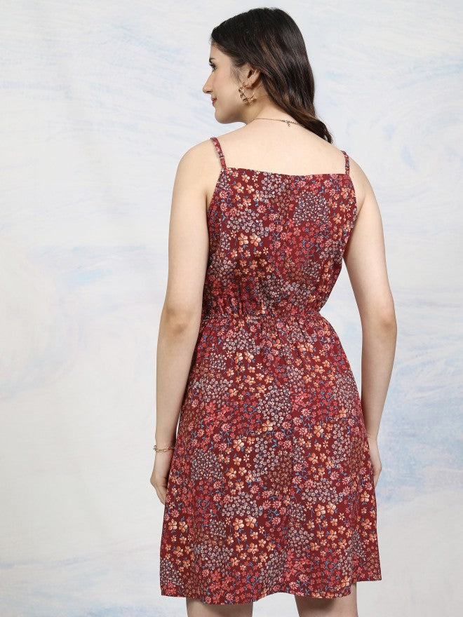 Tokyo Talkies Women Maroon Printed Fit And Flare Dress - Maroon - Image 3
