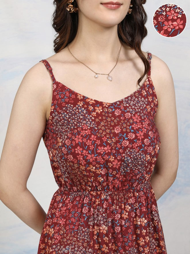 Tokyo Talkies Women Maroon Printed Fit And Flare Dress - Maroon - Image 5