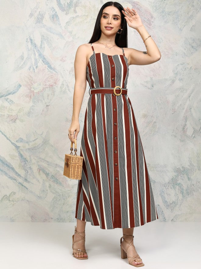 Tokyo Talkies Women Rust Striped Fit and Flare Dress - Rust - Image 2