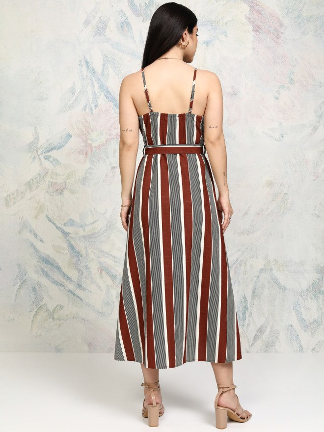 Tokyo Talkies Women Rust Striped Fit and Flare Dress - Rust - Image 3