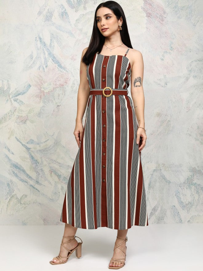 Tokyo Talkies Women Rust Striped Fit and Flare Dress - Rust - Image 4