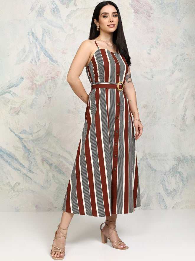 Tokyo Talkies Women Rust Striped Fit and Flare Dress - Rust - Image 6