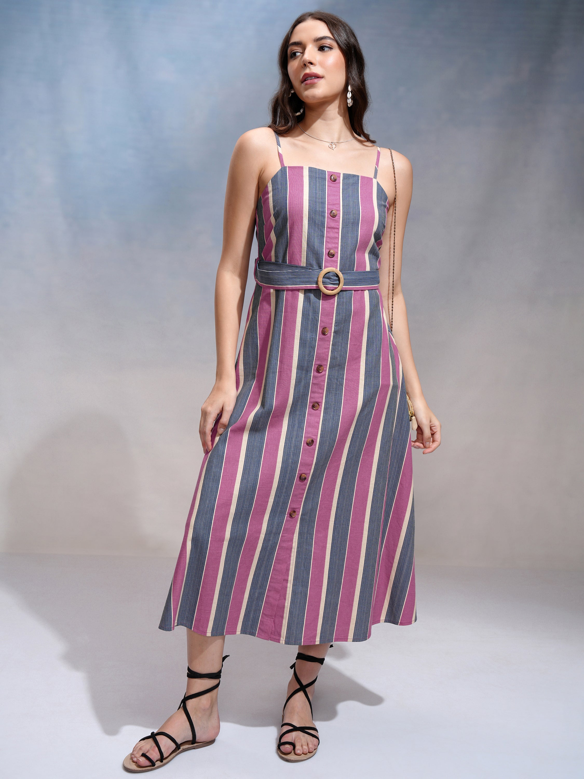 Tokyo Talkies Women Pink Striped Fit and Flare Dress - Pink - Image 1