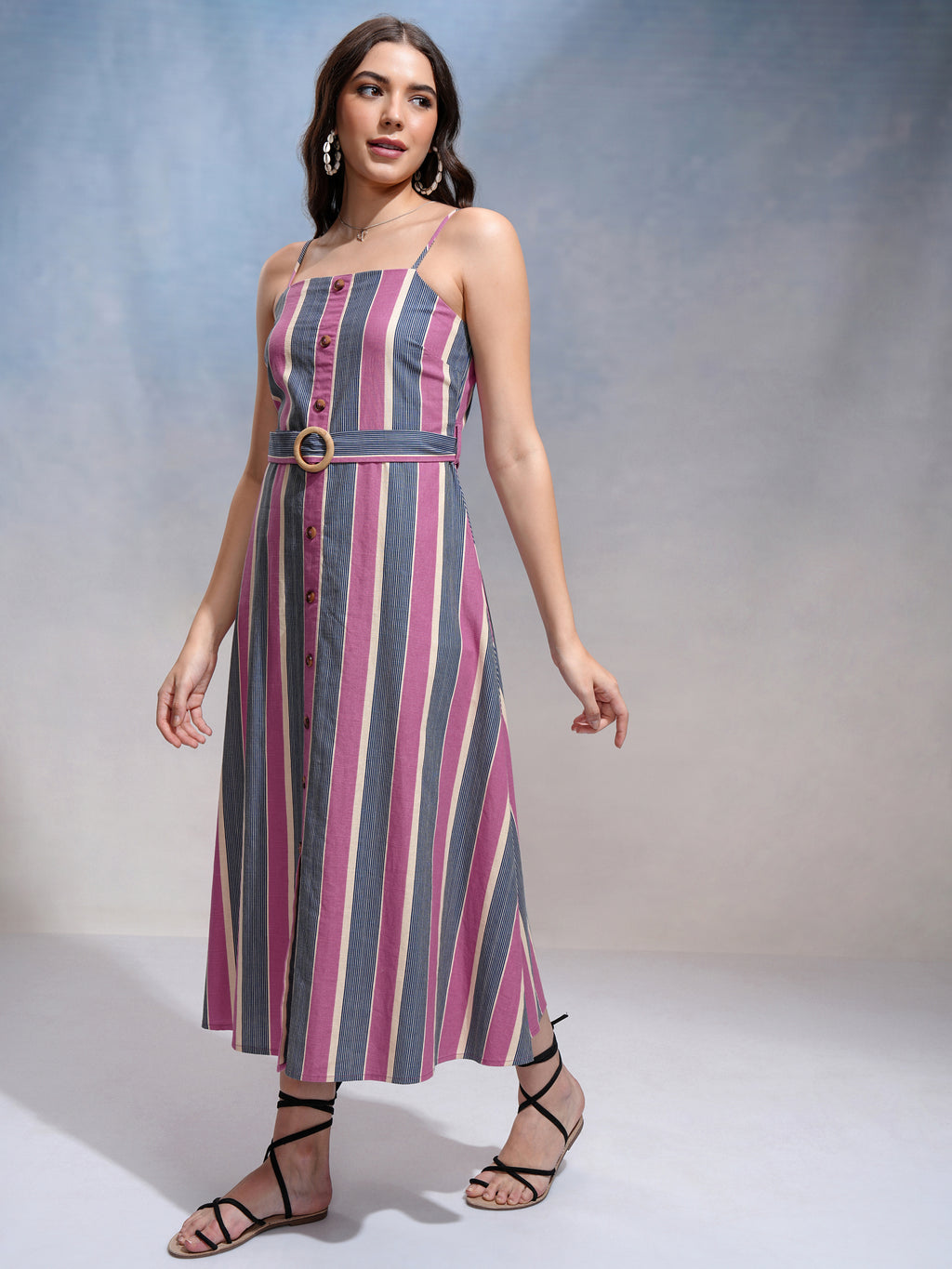 Tokyo Talkies Women Pink Striped Fit and Flare Dress - Pink - Image 2