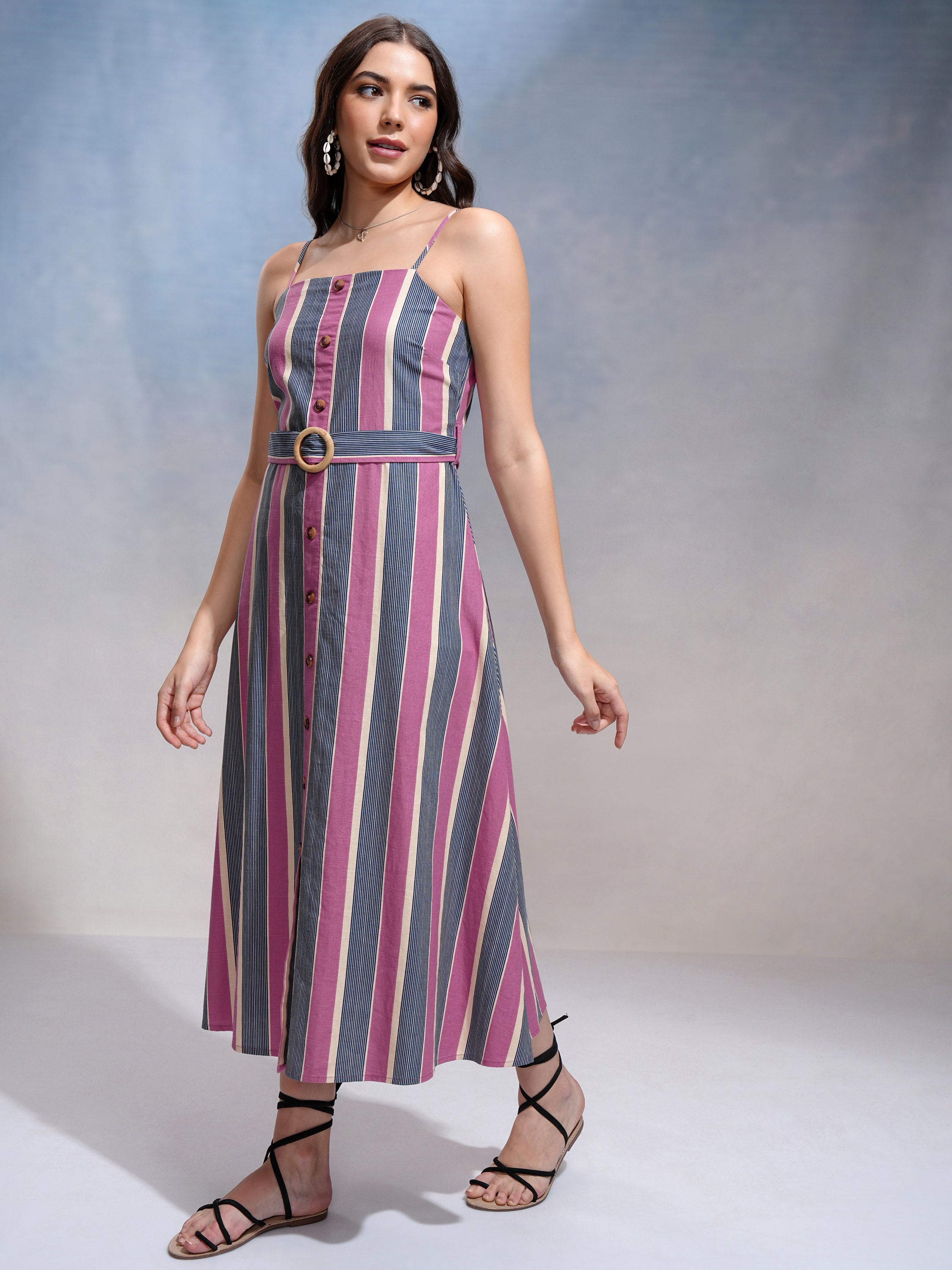Tokyo Talkies Women Pink Striped Fit and Flare Dress - Pink - Image 2