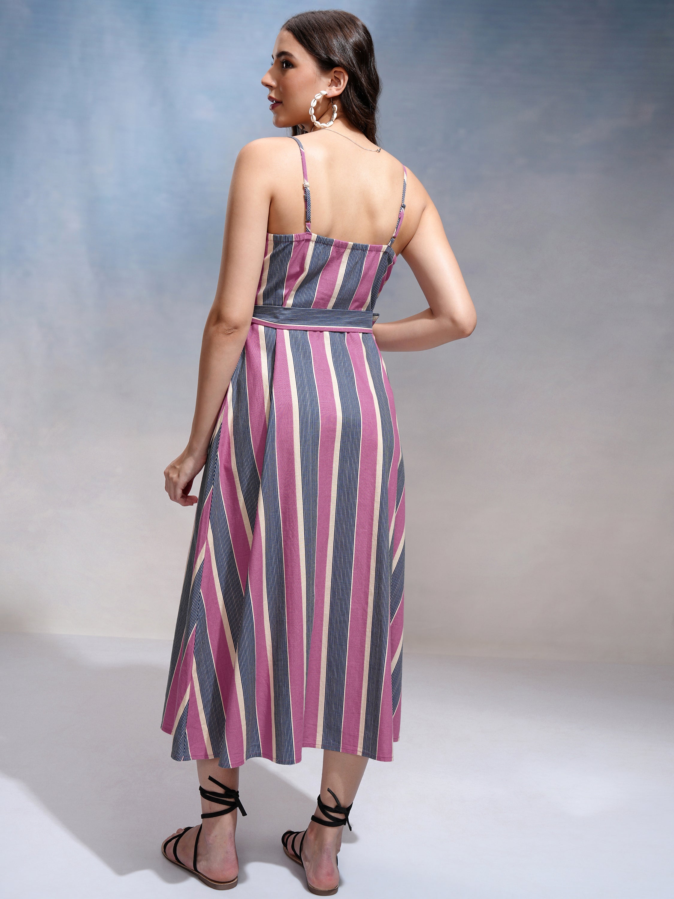 Tokyo Talkies Women Pink Striped Fit and Flare Dress - Pink - Image 3
