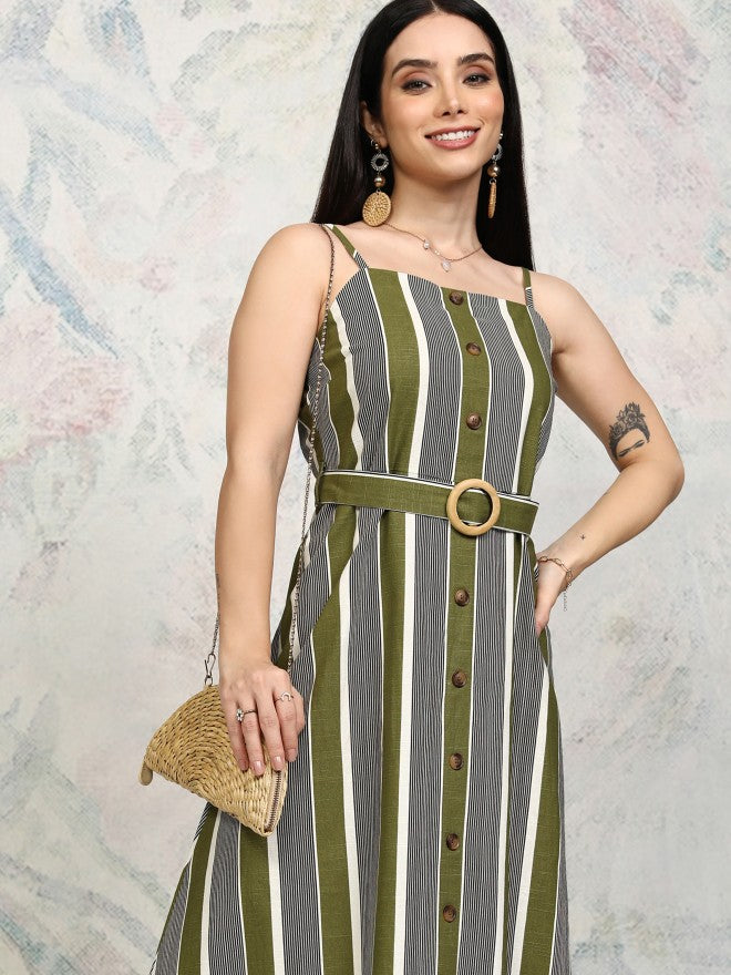 Tokyo Talkies Women Olive Striped Fit and Flare Dress - Olive - Image 1