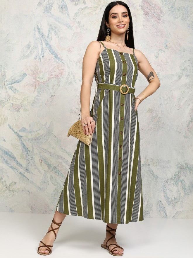 Tokyo Talkies Women Olive Striped Fit and Flare Dress - Olive - Image 2