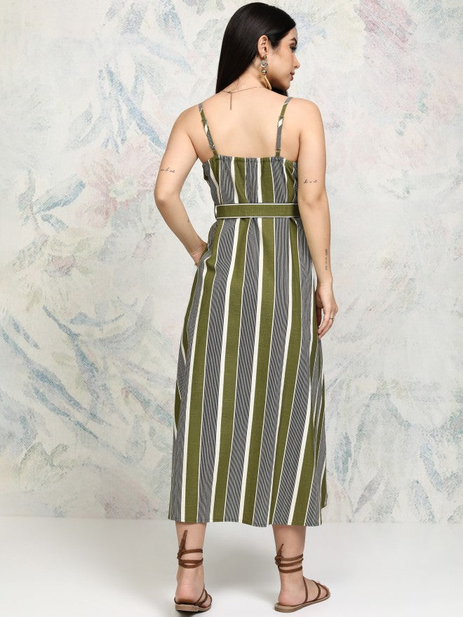 Tokyo Talkies Women Olive Striped Fit and Flare Dress - Olive - Image 3