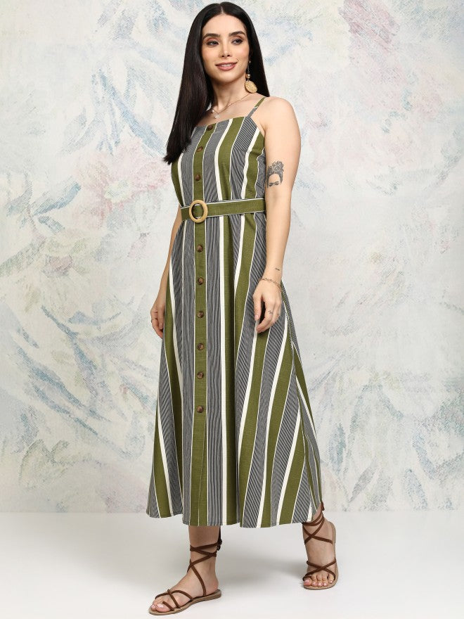 Tokyo Talkies Women Olive Striped Fit and Flare Dress - Olive - Image 4
