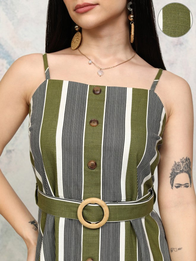 Tokyo Talkies Women Olive Striped Fit and Flare Dress - Olive - Image 5