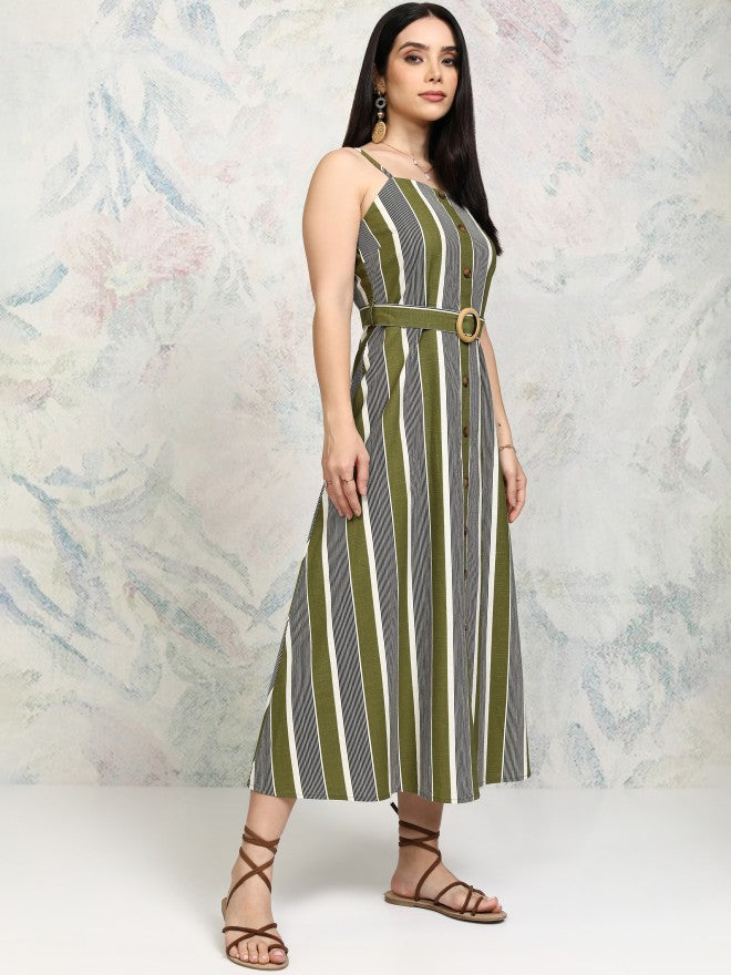 Tokyo Talkies Women Olive Striped Fit and Flare Dress - Olive - Image 6