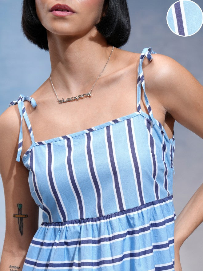 Tokyo Talkies Women Blue Striped A-Line Dress - Blue - Image 5