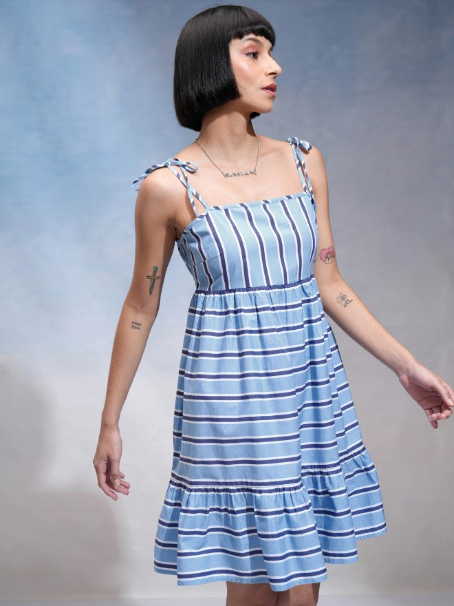 Tokyo Talkies Women Blue Striped A-Line Dress - Blue - Image 6