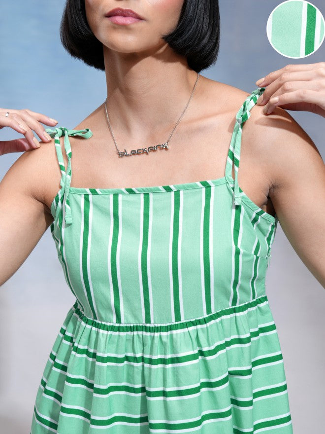 Tokyo Talkies Women Green Striped A-Line Dress - Green - Image 5