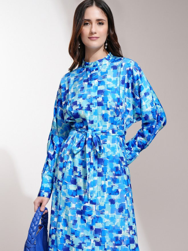 Tokyo Talkies Women Blue Printed Fit and Flare Dress - Blue - Image 1