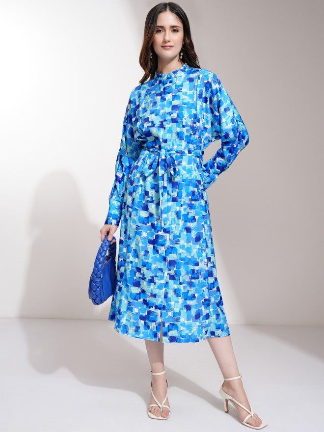 Tokyo Talkies Women Blue Printed Fit and Flare Dress - Blue - Image 2
