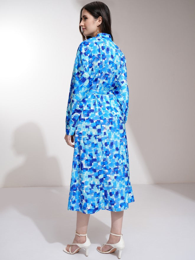 Tokyo Talkies Women Blue Printed Fit and Flare Dress - Blue - Image 3