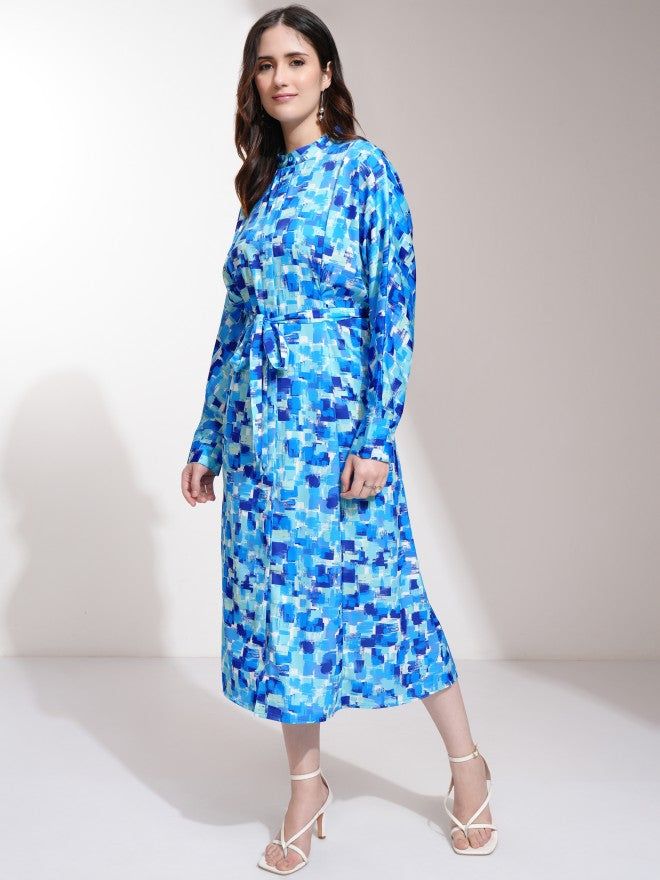 Tokyo Talkies Women Blue Printed Fit and Flare Dress - Blue - Image 4