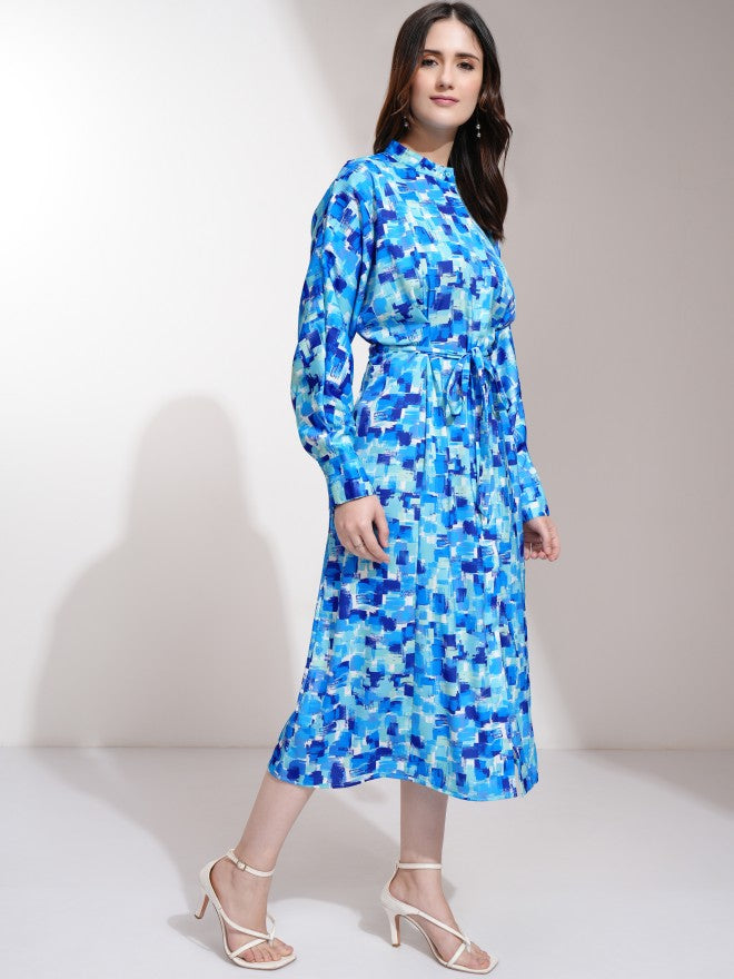 Tokyo Talkies Women Blue Printed Fit and Flare Dress - Blue - Image 6