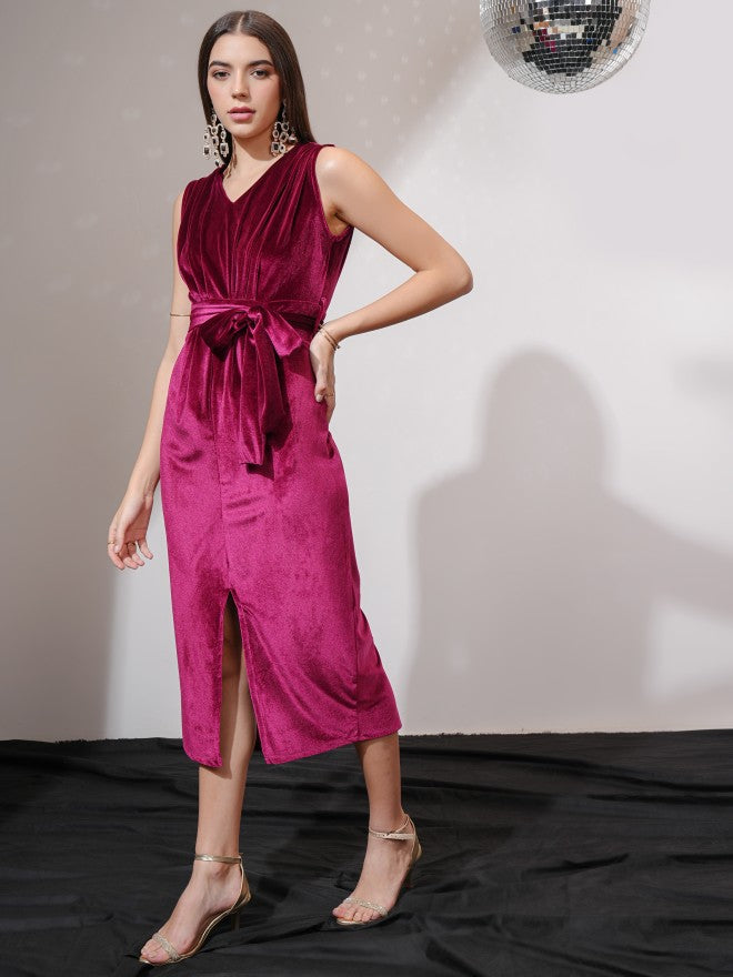 Tokyo Talkies Women Maroon Solid Sheath Dress - Maroon - Image 2