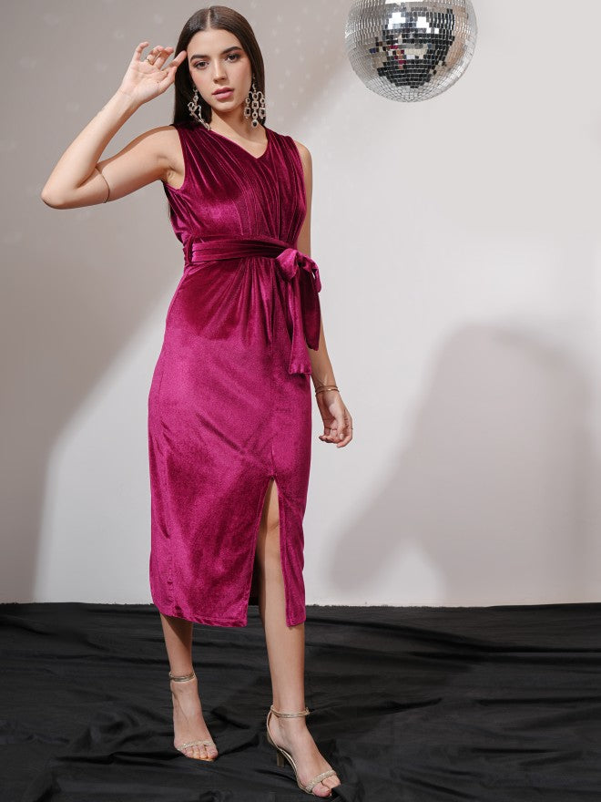 Tokyo Talkies Women Maroon Solid Sheath Dress - Maroon - Image 4
