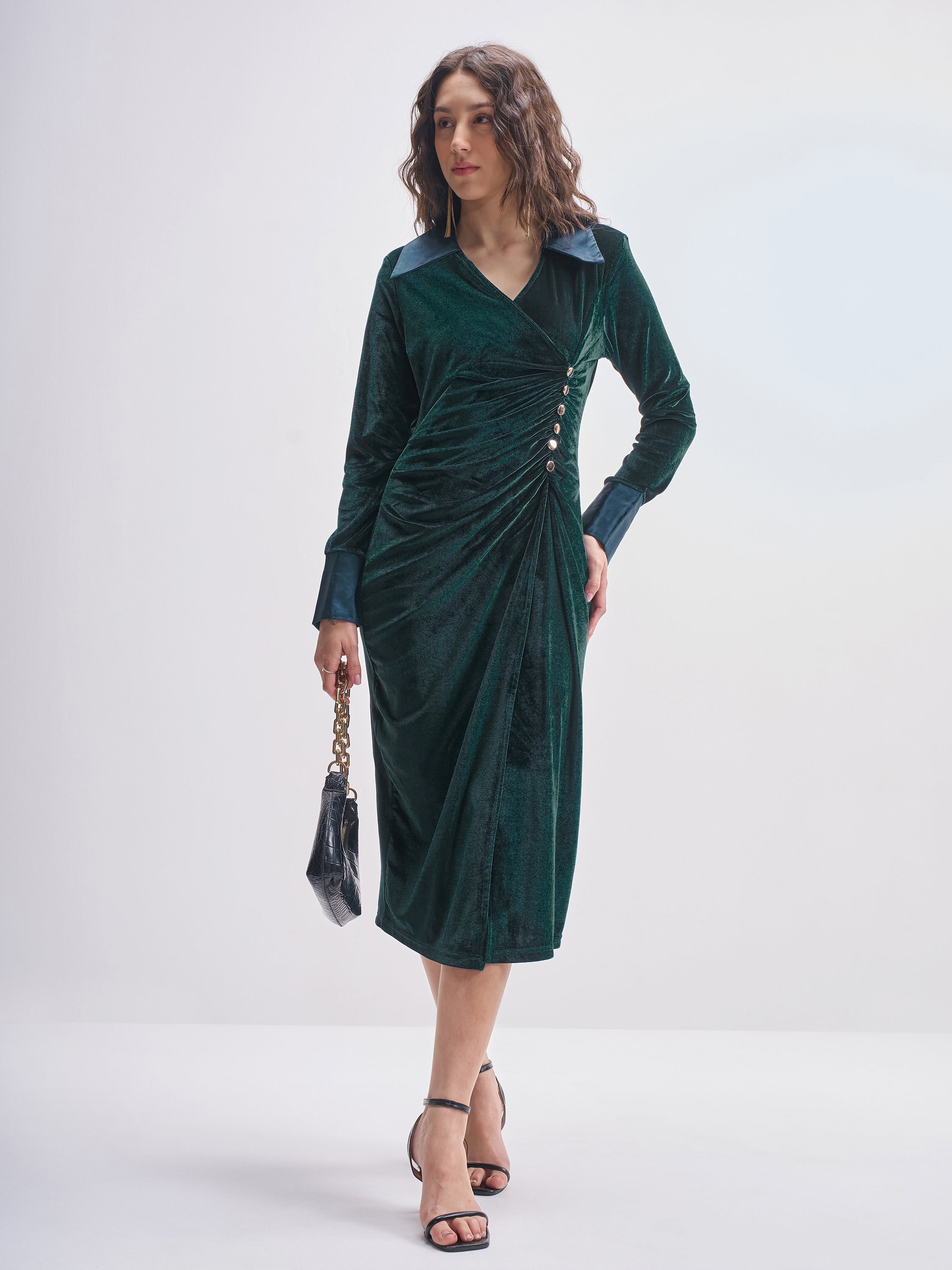 Tokyo Talkies Women Green Solid Shirt Dress - Green - Image 1