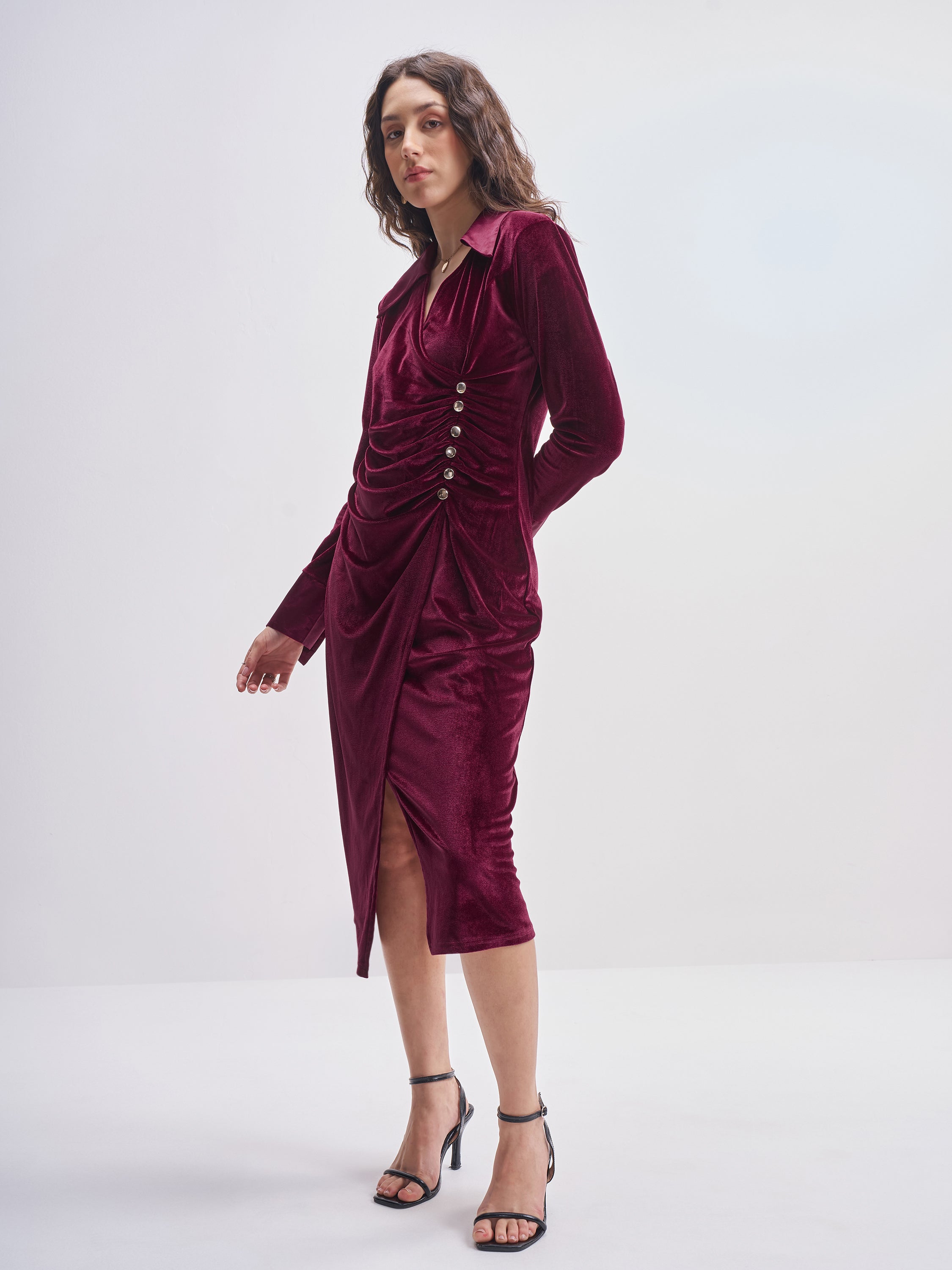 Tokyo Talkies Women Maroon Solid Shirt Dress - Maroon - Image 2