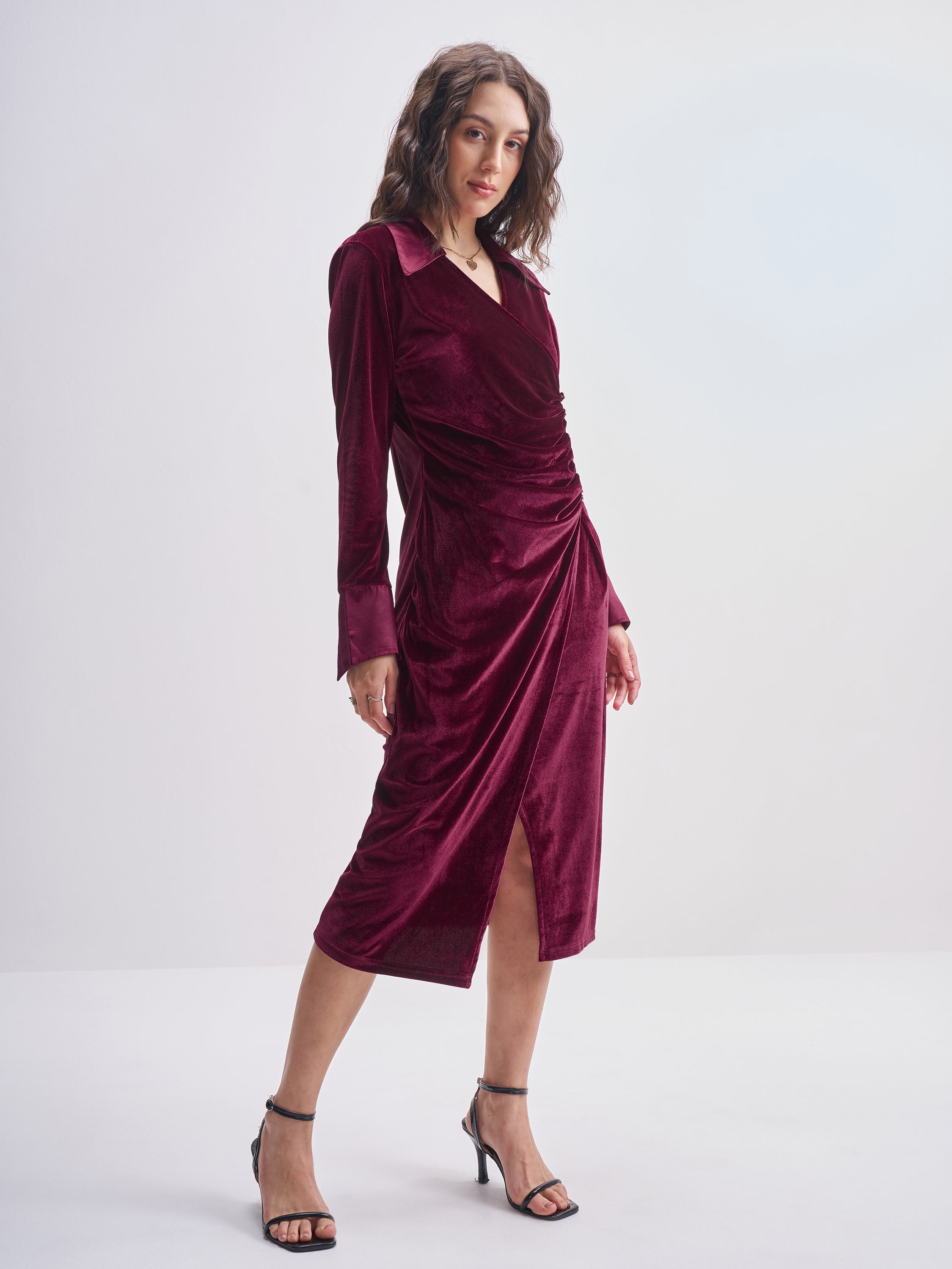 Tokyo Talkies Women Maroon Solid Shirt Dress - Maroon - Image 4