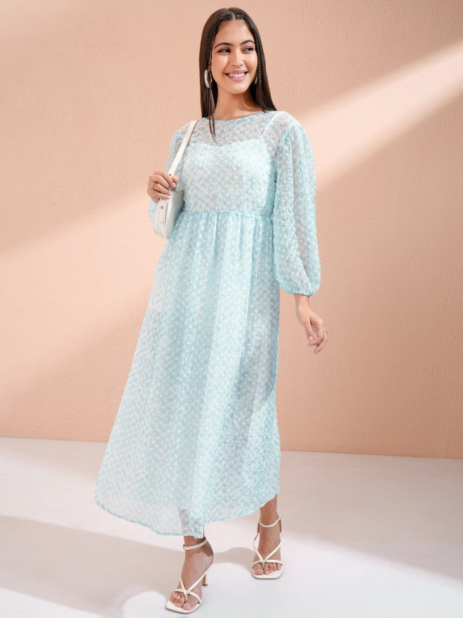 Tokyo Talkies Women Blue Embroidered Fit And Flare Dress - Blue - Image 1