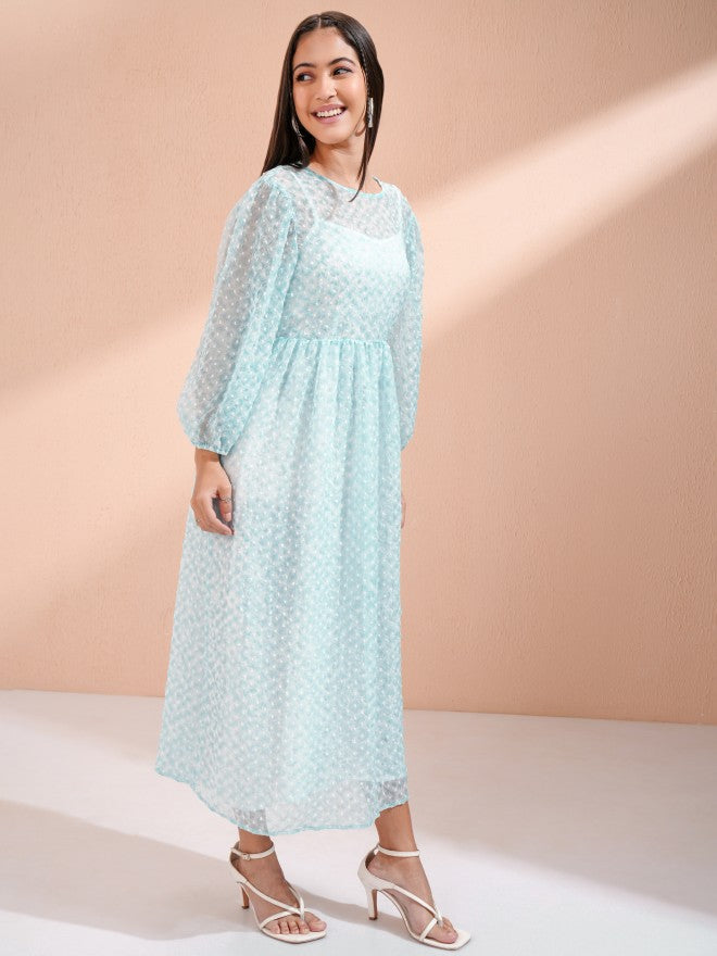 Tokyo Talkies Women Blue Embroidered Fit And Flare Dress - Blue - Image 4