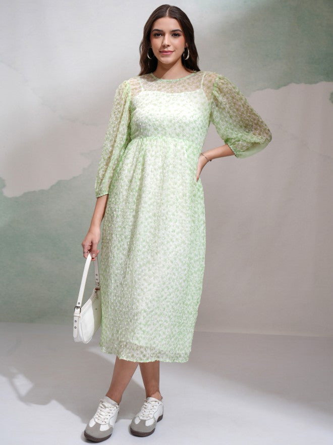 Tokyo Talkies Women Green Self Design Fit and Flare Dress - Green - Image 1