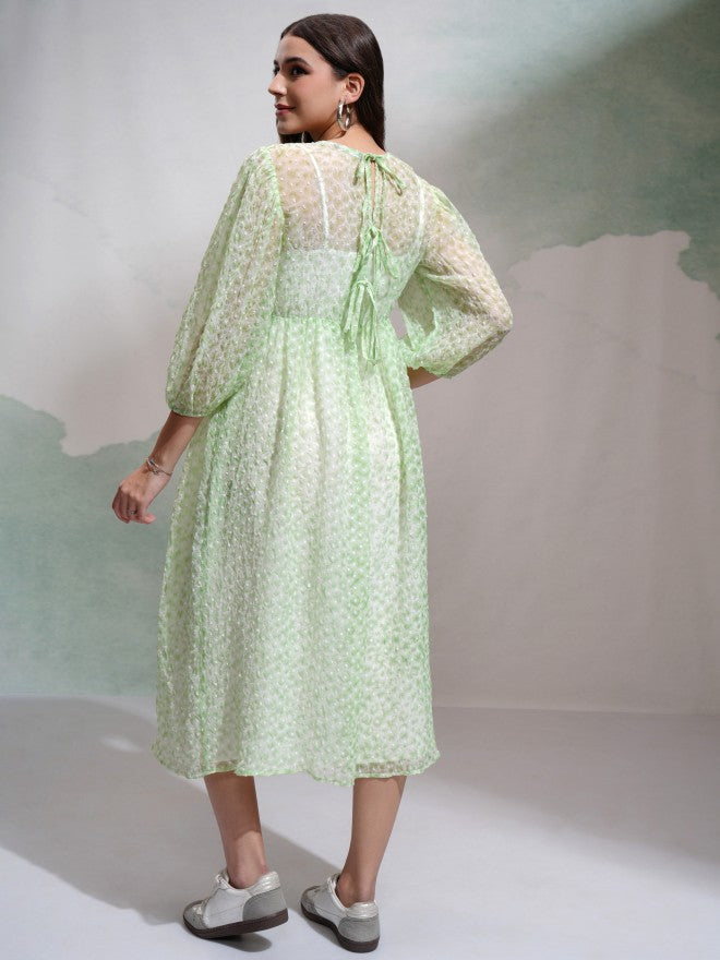Tokyo Talkies Women Green Self Design Fit and Flare Dress - Green - Image 2