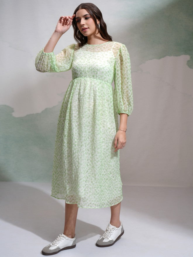 Tokyo Talkies Women Green Self Design Fit and Flare Dress - Green - Image 3
